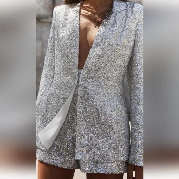 ZARA SEQUIN HIGH WAISTED SHORTS - Picture 2 of 7